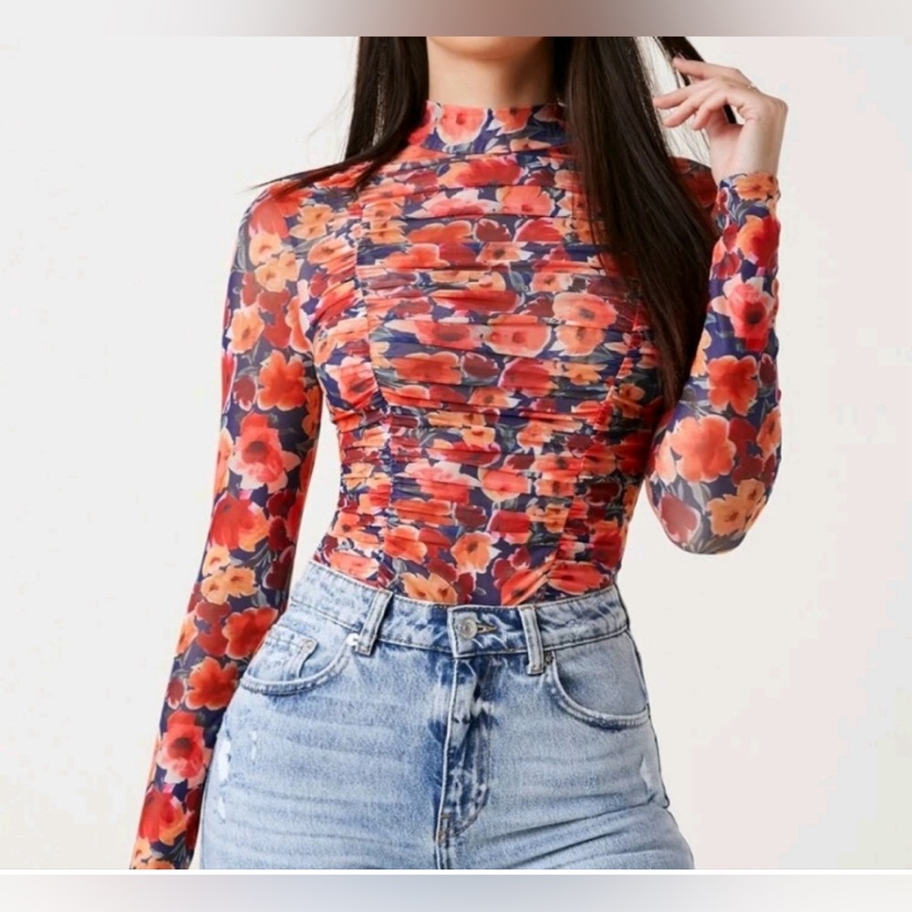 Sheer orange blue and pink high neck floral long sleeve top ruched waist Size S